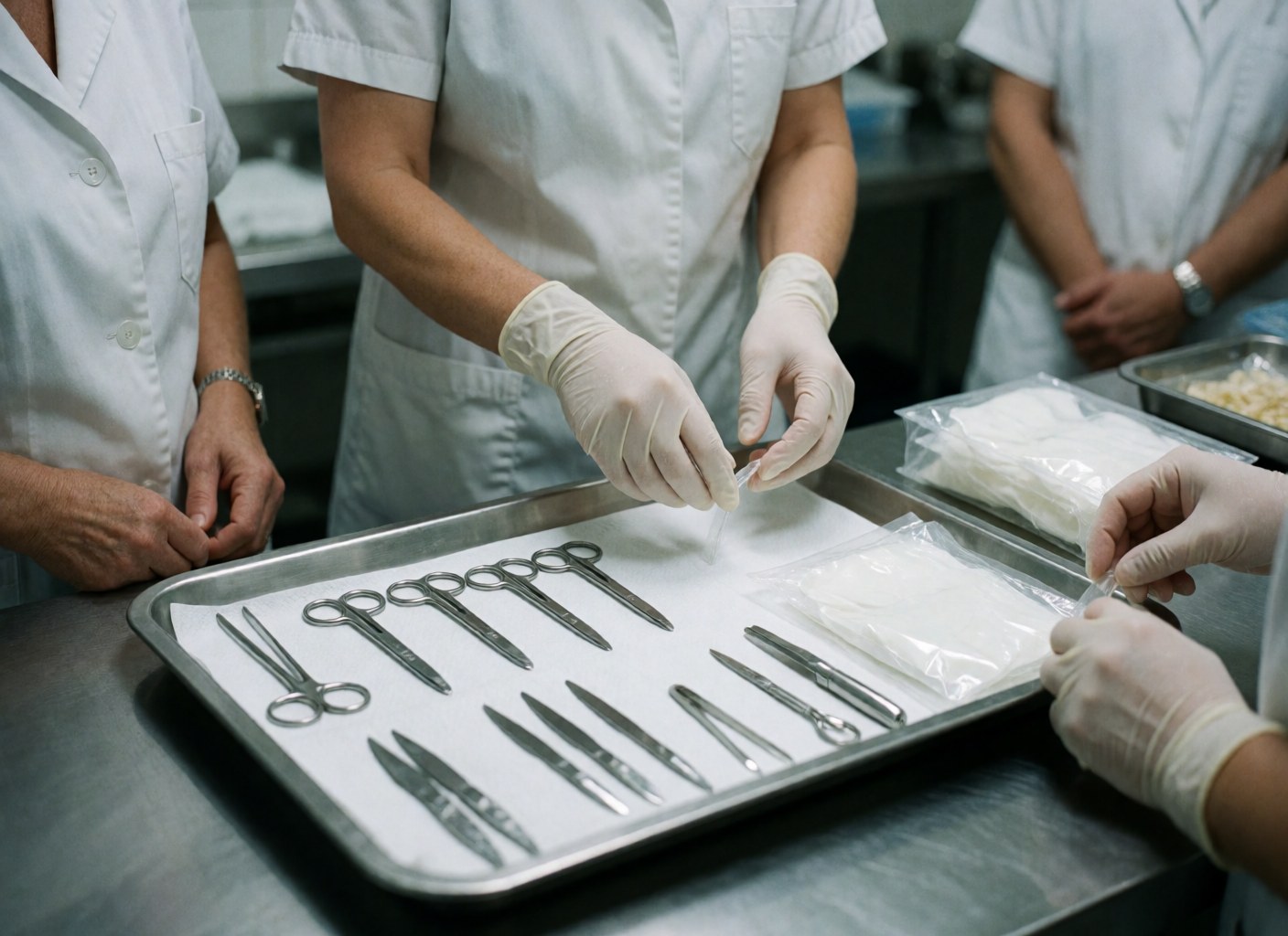 Des médecins en uniforme blanc avec des gants organisent des instruments chirurgicaux sur un plateau métallique dans un environnement clinique.