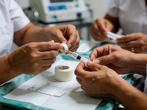 Des mains de professionnels vétérinaires préparent une seringue contenant un médicament dans un cabinet clinique.