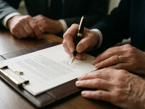 Une main adulte signe un document avec un stylo à encre sur une pochette en cuir posée sur une table en bois, scène professionnelle d'avocats.