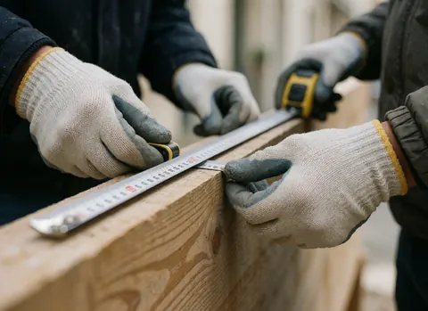Gros plan de deux mains portant des gants de travail qui utilisent un mètre ruban pour mesurer une poutre en bois sur un chantier de construction.
