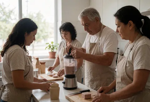 Un homme âgé portant un tablier prépare un smoothie dans un mixeur tandis que d'autres personnes travaillent en arrière-plan dans une cuisine baignée de lumière naturelle.