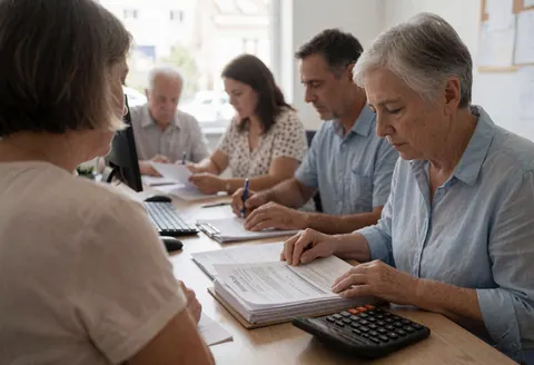 Groupe de professionnels dans un bureau bien éclairé, révisant des dossiers d'assurance, incluant une femme utilisant une calculatrice dans un cadre de travail efficace.