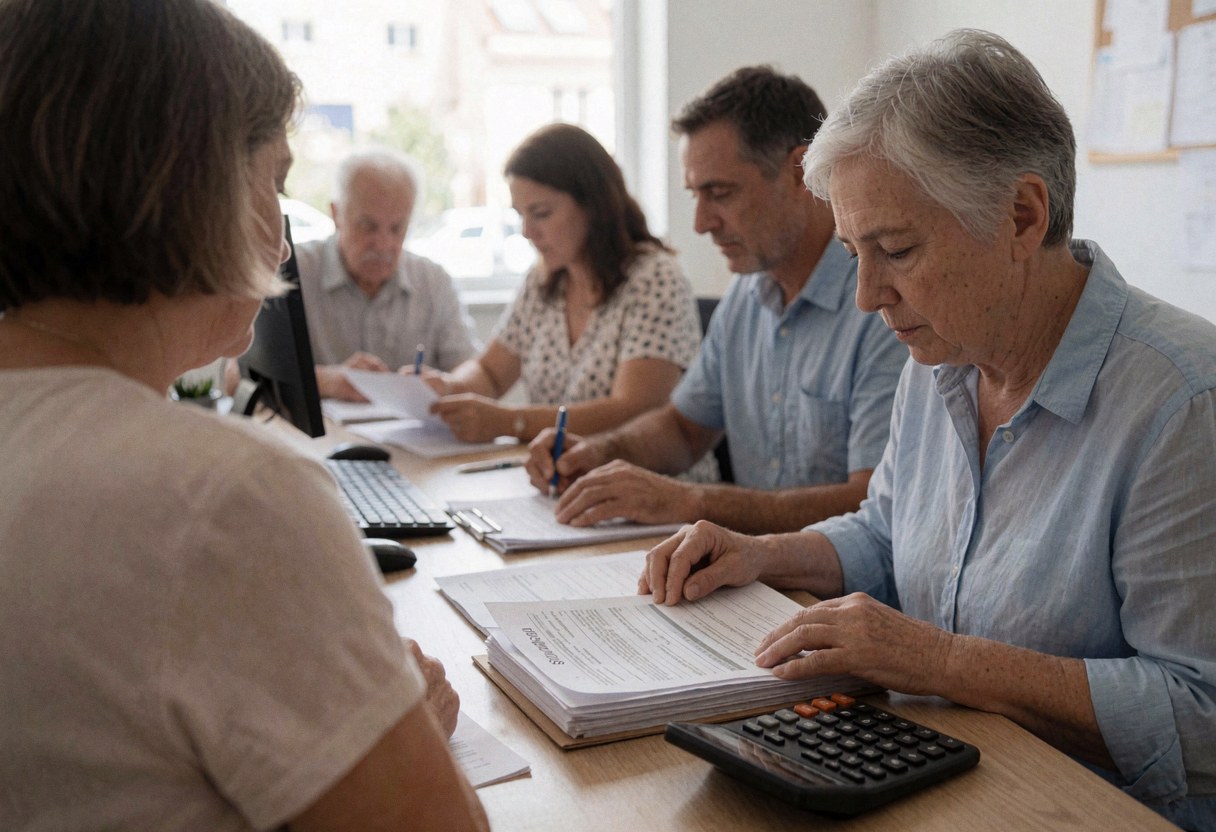 Groupe de professionnels dans un bureau bien éclairé, révisant des dossiers d'assurance, incluant une femme utilisant une calculatrice dans un cadre de travail efficace.