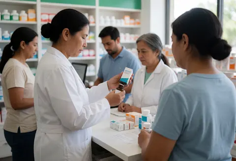 Une pharmacienne en blouse blanche accueille une cliente derrière le comptoir rempli de médicaments et de boîtes.