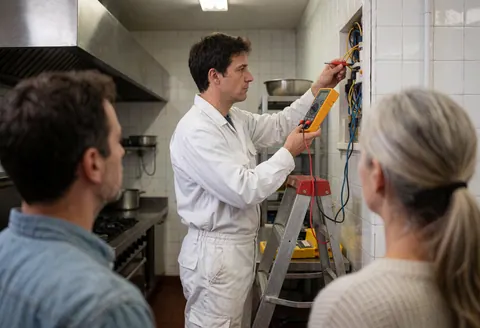 Un électricien utilise un multimètre pour inspecter des câblages dans une cuisine pendant que deux personnes observent la procédure.
