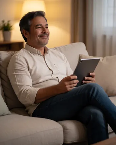 Un homme heureux utilise une tablette numérique installé confortablement sur un canapé dans son salon.