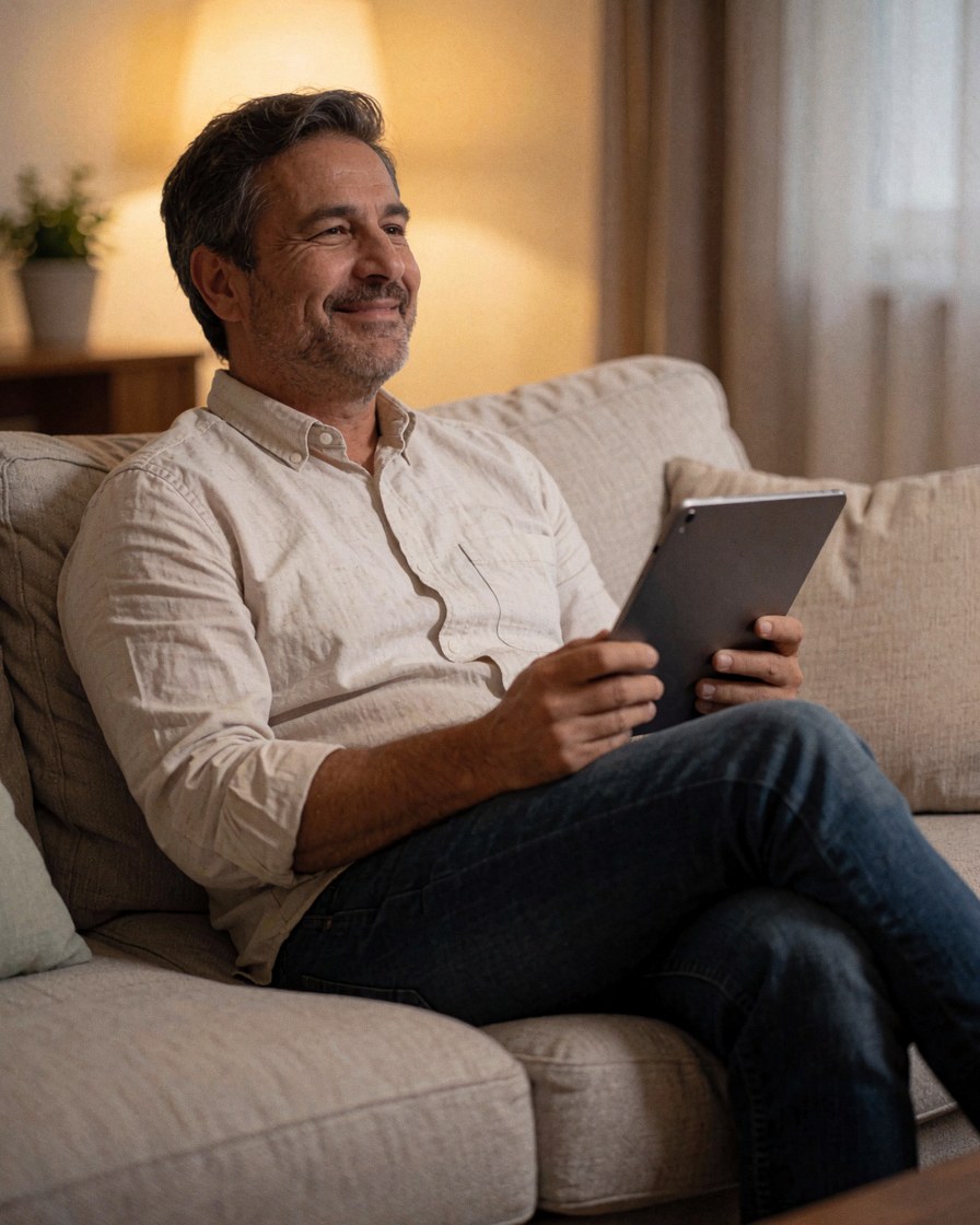 Un homme heureux utilise une tablette numérique installé confortablement sur un canapé dans son salon.