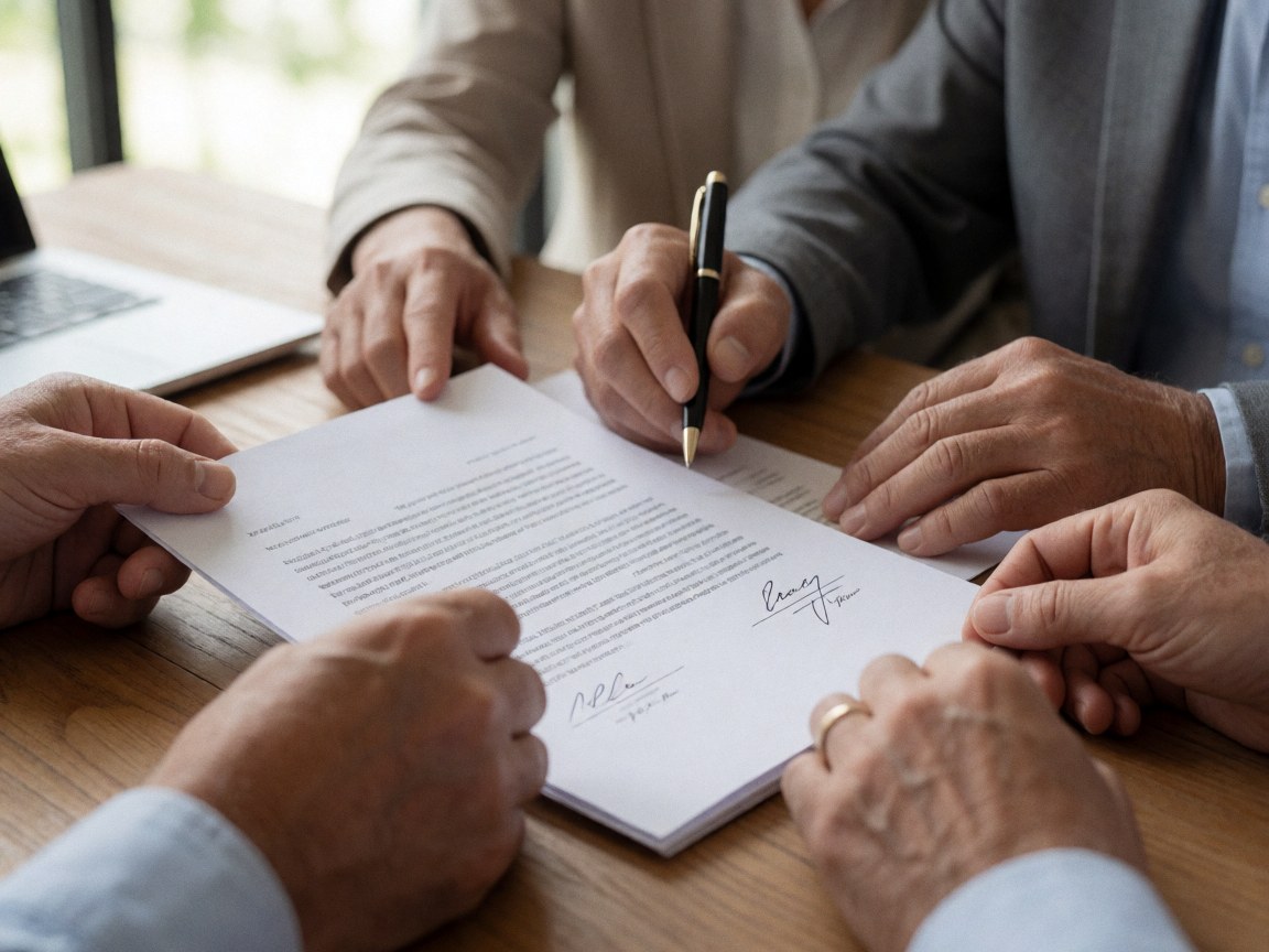Quatre personnes signent un contrat sur une table en bois avec un ordinateur portable à côté.