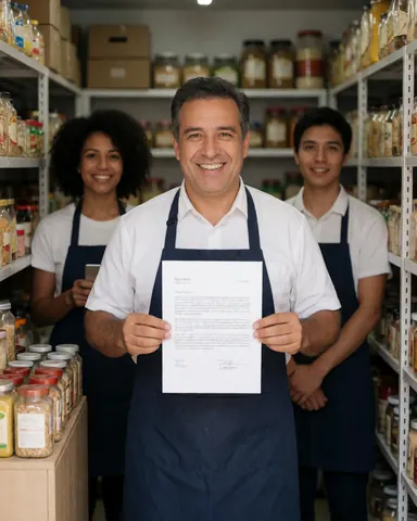 Un propriétaire de magasin souriant tient un contrat signé, avec deux employés en arrière-plan dans un entrepôt de produits.