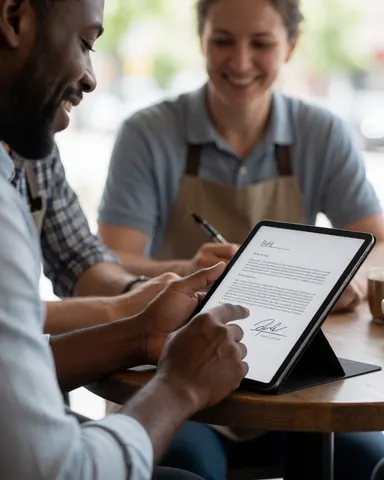 Un client signe un contrat numérique sur une tablette pendant qu'une employée sourit dans un café.
