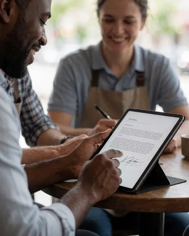 Un client signe un contrat numérique sur une tablette pendant qu'une employée sourit dans un café.