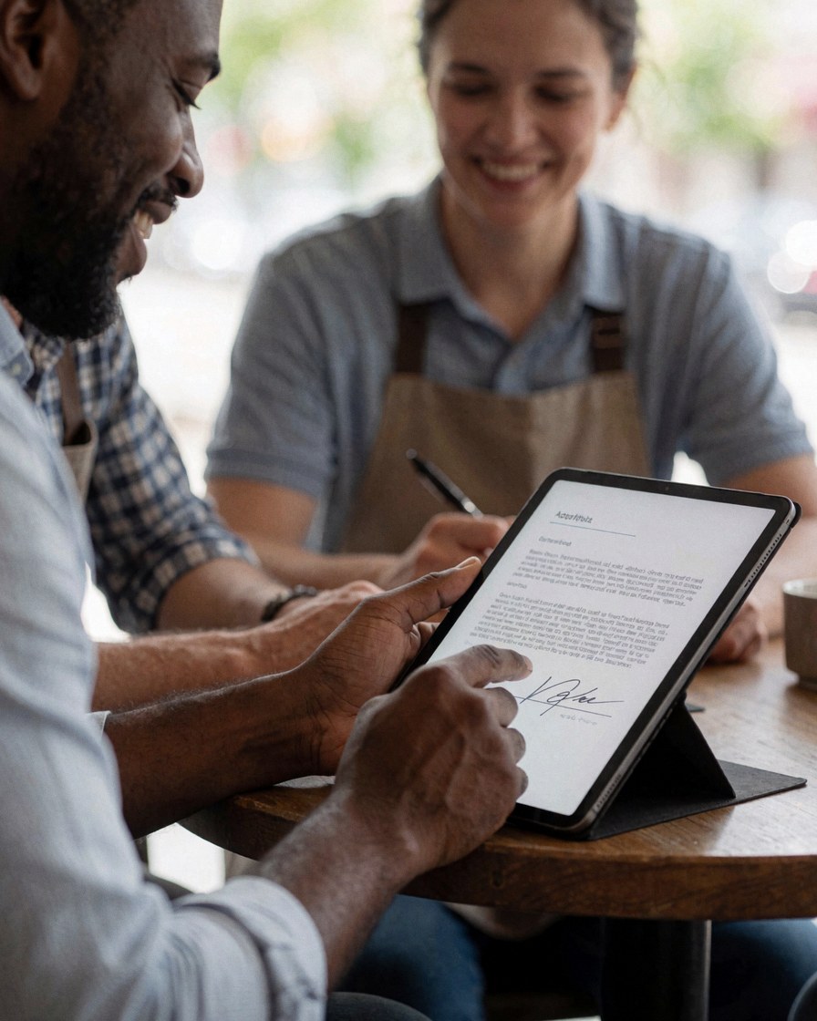 Un client signe un contrat numérique sur une tablette pendant qu'une employée sourit dans un café.