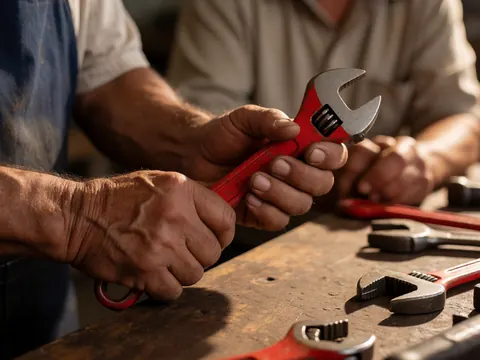 Des mains manipulant une clé à molette rouge sur une table de travail encombrée d'outils divers.