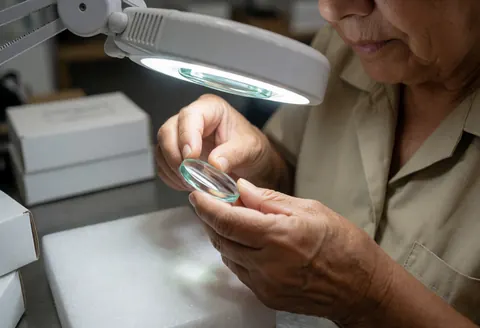 Une femme examine attentivement une lentille optique à l'aide d'une loupe posée sur une table de travail dans un environnement professionnel.