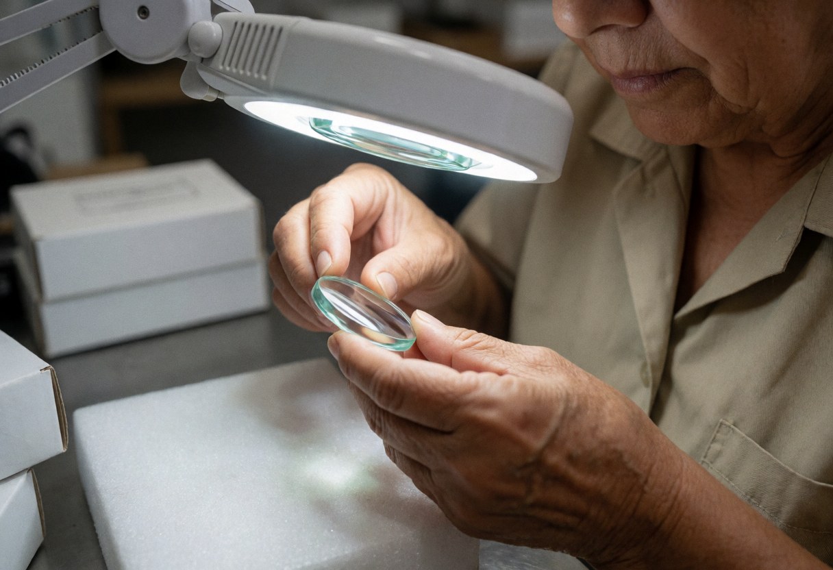 Une femme examine attentivement une lentille optique à l'aide d'une loupe posée sur une table de travail dans un environnement professionnel.