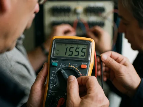 Deux électriciens mesurent la tension avec un multimètre digital sur un panneau électrique, affichant une lecture de 1555 volts.