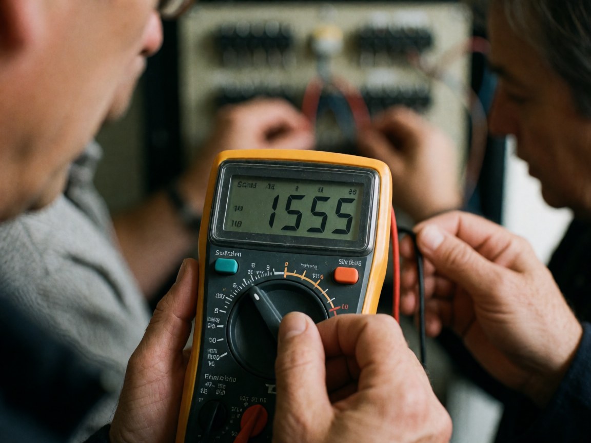 Deux électriciens mesurent la tension avec un multimètre digital sur un panneau électrique, affichant une lecture de 1555 volts.
