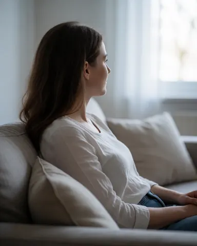 Une jeune femme assise sur un canapé blanc dans un salon baigné de lumière naturelle, regardant par la fenêtre avec une expression sereine.