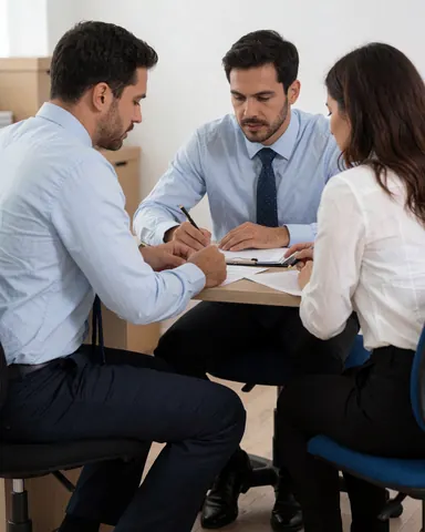 Trois adultes en réunion professionnelle analysant des papiers posés sur un bureau d'office.