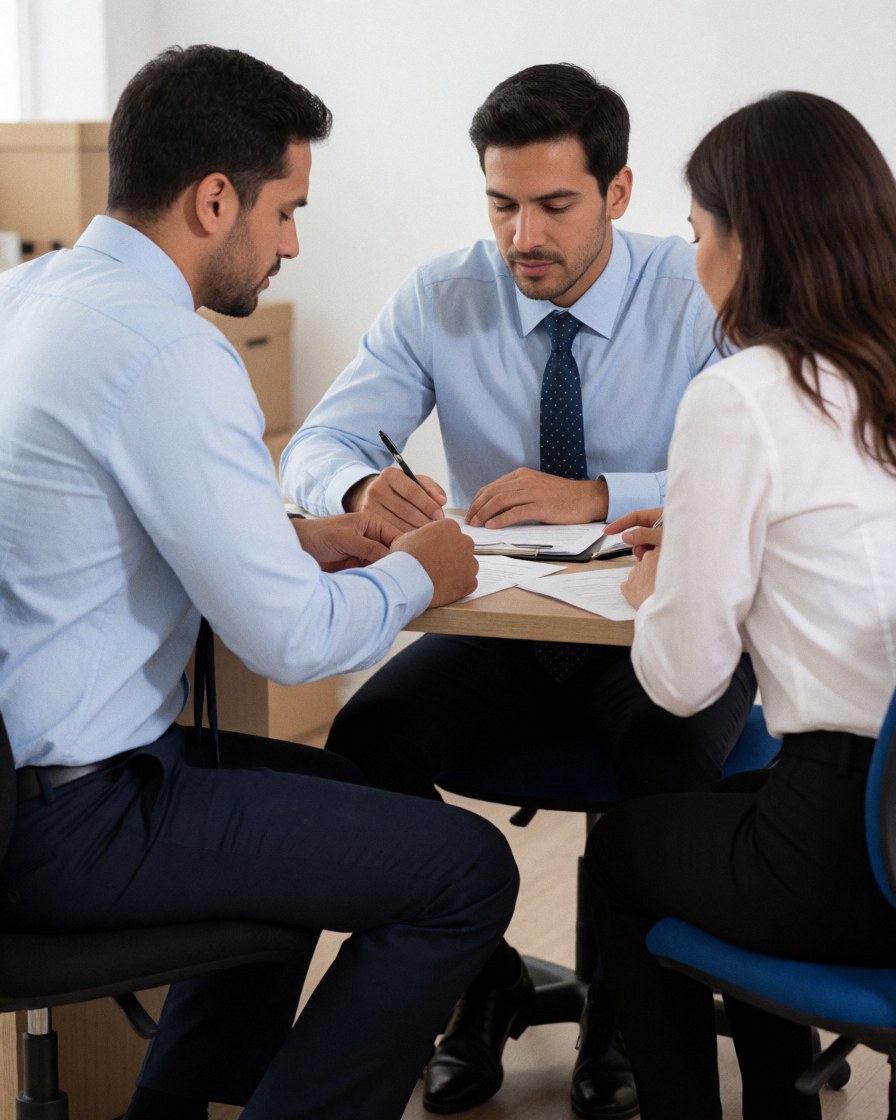 Trois adultes en réunion professionnelle analysant des papiers posés sur un bureau d'office.