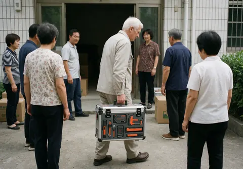 Un technicien senior portant une mallette à outils marche parmi un groupe de personnes dans une cour extérieure.