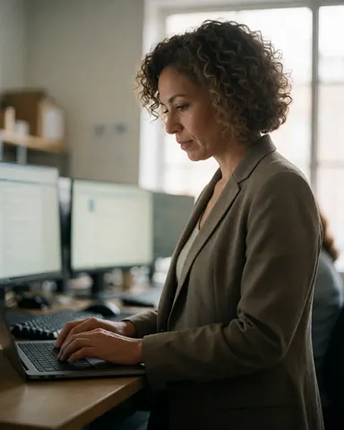 Une femme professionnelle aux cheveux bouclés travaille sur son ordinateur portable posé sur un bureau dans un environnement de bureau moderne.