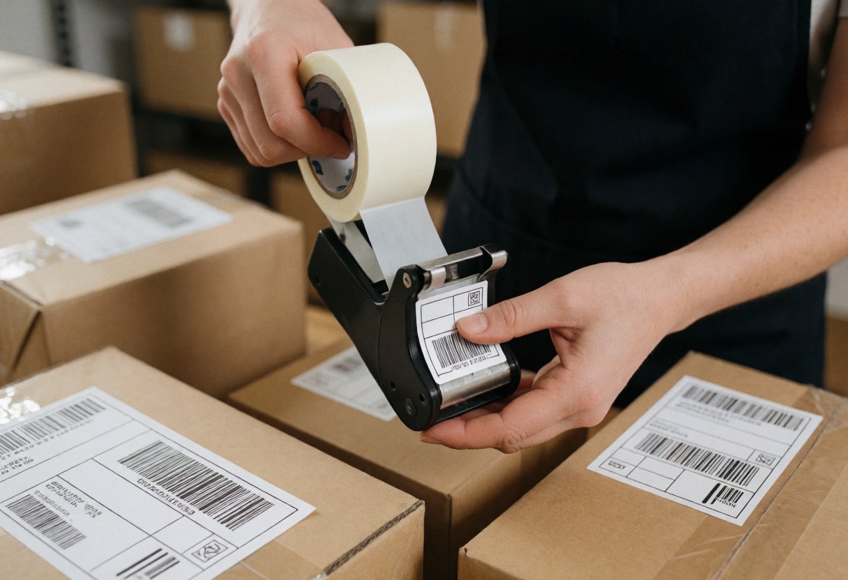 Gros plan d'une main collant une étiquette à code-barres sur un carton dans un entrepôt pour expédition.