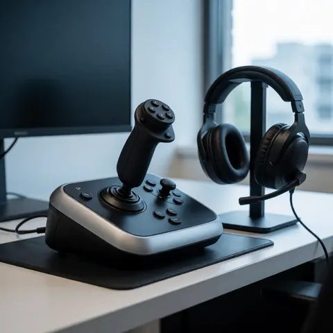 Manette de simulation de conduite et casque professionnel posés sur un bureau dans un environnement moderne.