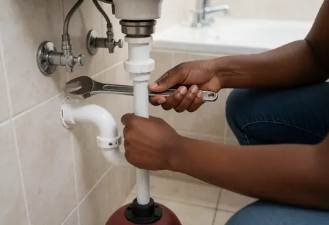 Une femme utilise une clé pour serrer un tuyau blanc sous un évier dans une cuisine carrelée.