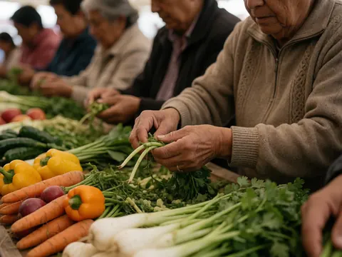 Des mains d'adultes âgés nettoient et préparent des carottes et des poivrons dans un marché.