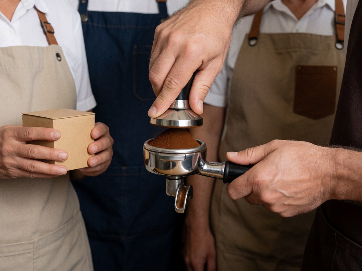 Un barista tasse le café moulu dans un portafiltre pendant que des collègues tiennent une boîte en arrière-plan.