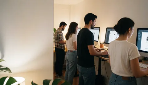 Quatre personnes utilisant des ordinateurs de bureau dans un bureau lumineux avec plantes et lumière naturelle.