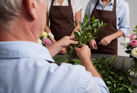 Un homme arrange un bouquet de fleurs avec des feuilles vertes tandis que deux personnes observent en arrière-plan.