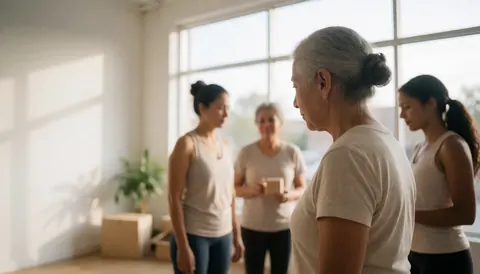 Plusieurs femmes adultes effectuent des postures de yoga dans une pièce lumineuse baignée de lumière naturelle provenant de grandes fenêtres.