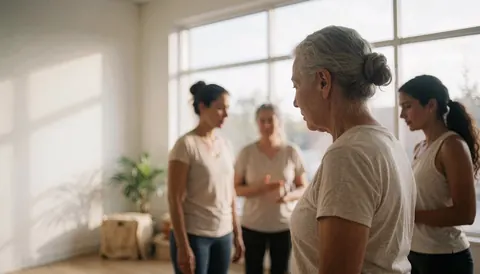 Plusieurs femmes adultes effectuent des postures de yoga dans une pièce lumineuse baignée de lumière naturelle provenant de grandes fenêtres.