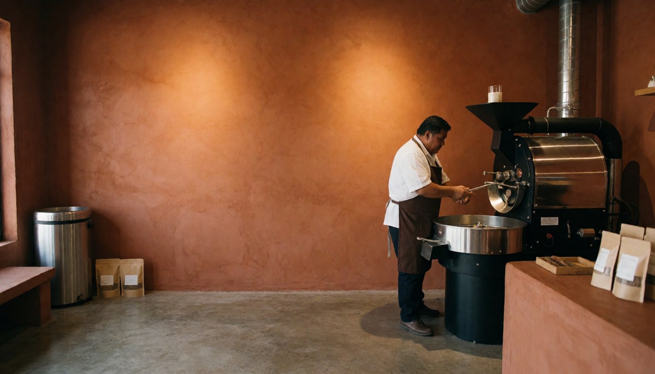 Un homme portant un tablier toste du café dans une machine industrielle au sein d'une cafétéria aux murs terracotta.