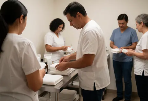 Le personnel du spa prépare des serviettes blanches sur une table en métal dans un salon de soins.