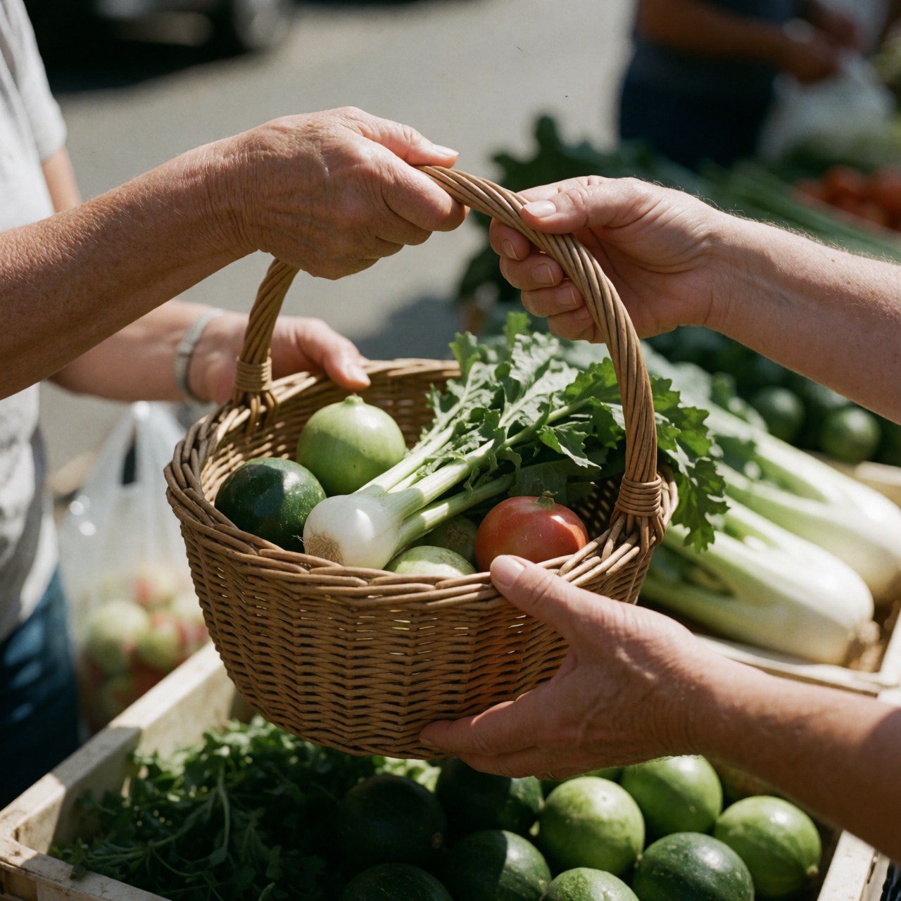 Deux personnes échangent une caisse remplie de légumes frais lors d'une transaction dans un marché en plein air.