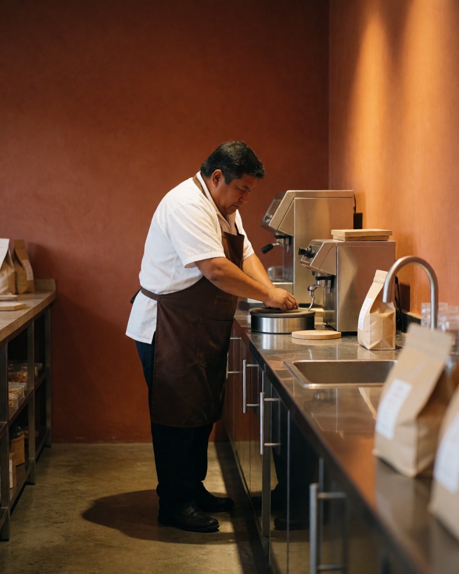 Un homme adulte portant un tablier prépare une boisson devant une machine à café sur un comptoir en acier inoxydable.