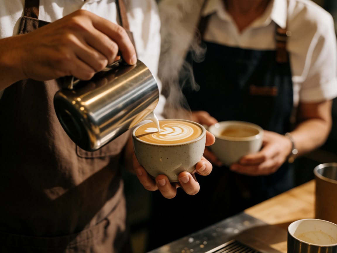 Un bariste dessine avec du lait dans une tasse de café tandis qu'un autre tient une tasse à proximité.