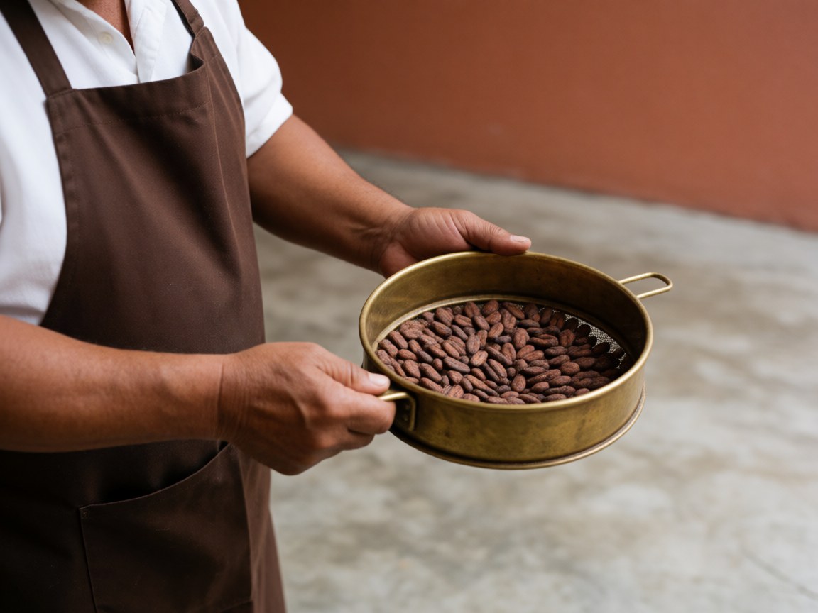 Un homme portant un tablier tient un tamis en bronze rempli de fèves de cacao.