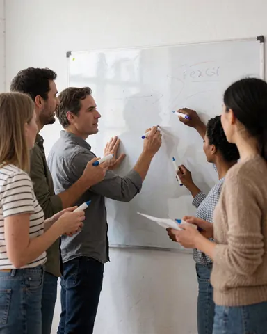Une équipe de marketing écrit sur un tableau blanc avec des marqueurs lors d'une réunion de travail.