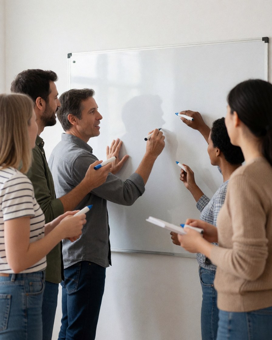 Une équipe de marketing écrit sur un tableau blanc avec des marqueurs lors d'une réunion de travail.