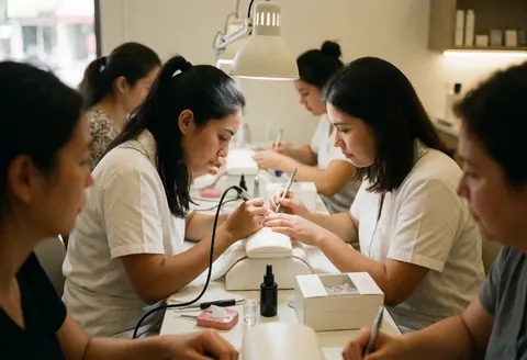 Des manucières professionnelles effectuant des soins des ongles sur des clientes à l'aide d'outils et de produits de beauté en intérieur.