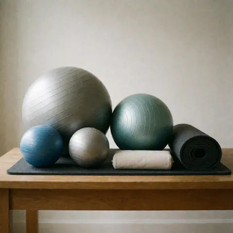Divers ballons d'exercice et couvertures roulées disposés sur une table en bois dans un centre de santé.