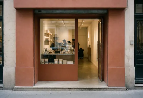 Vue extérieure d'une cafétéria présentant une façade moderne aux murs en terre cuite et une grande vitrine exposant des produits, avec du personnel visible à l'intérieur.