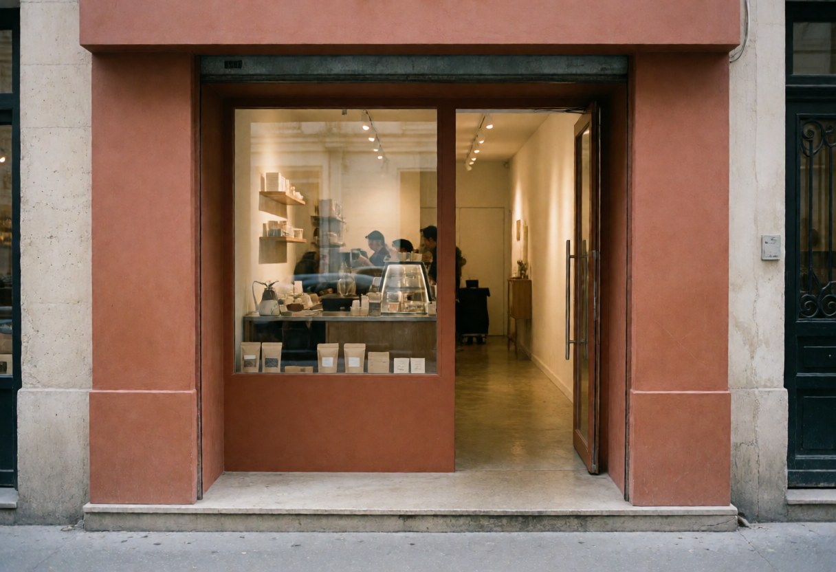 Vue extérieure d'une cafétéria présentant une façade moderne aux murs en terre cuite et une grande vitrine exposant des produits, avec du personnel visible à l'intérieur.