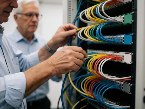 Deux techniciens branchent des câbles colorés sur un rack de serveurs en intérieur.