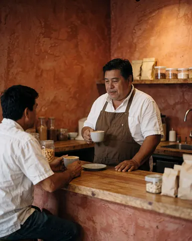Un client savoure son café tout en discutant avec le bariste derrière le comptoir en bois.