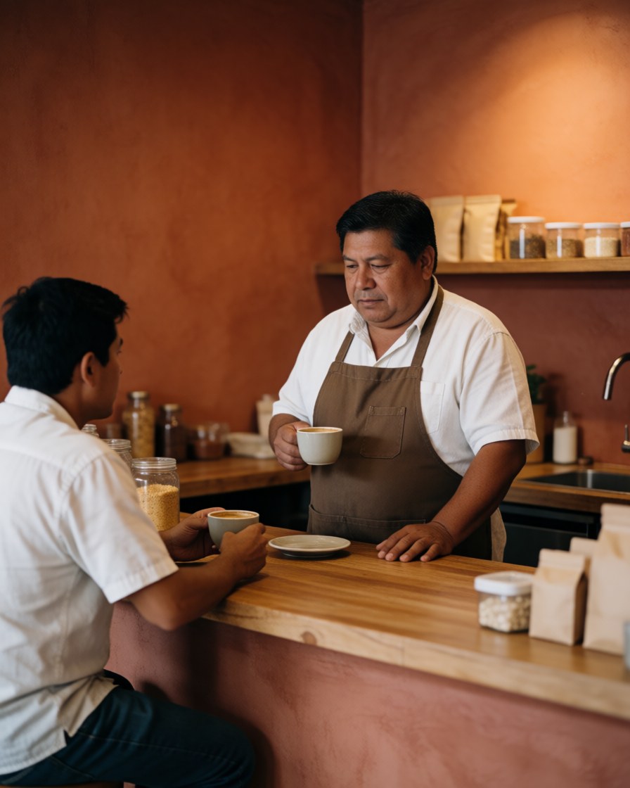 Un client savoure son café tout en discutant avec le bariste derrière le comptoir en bois.